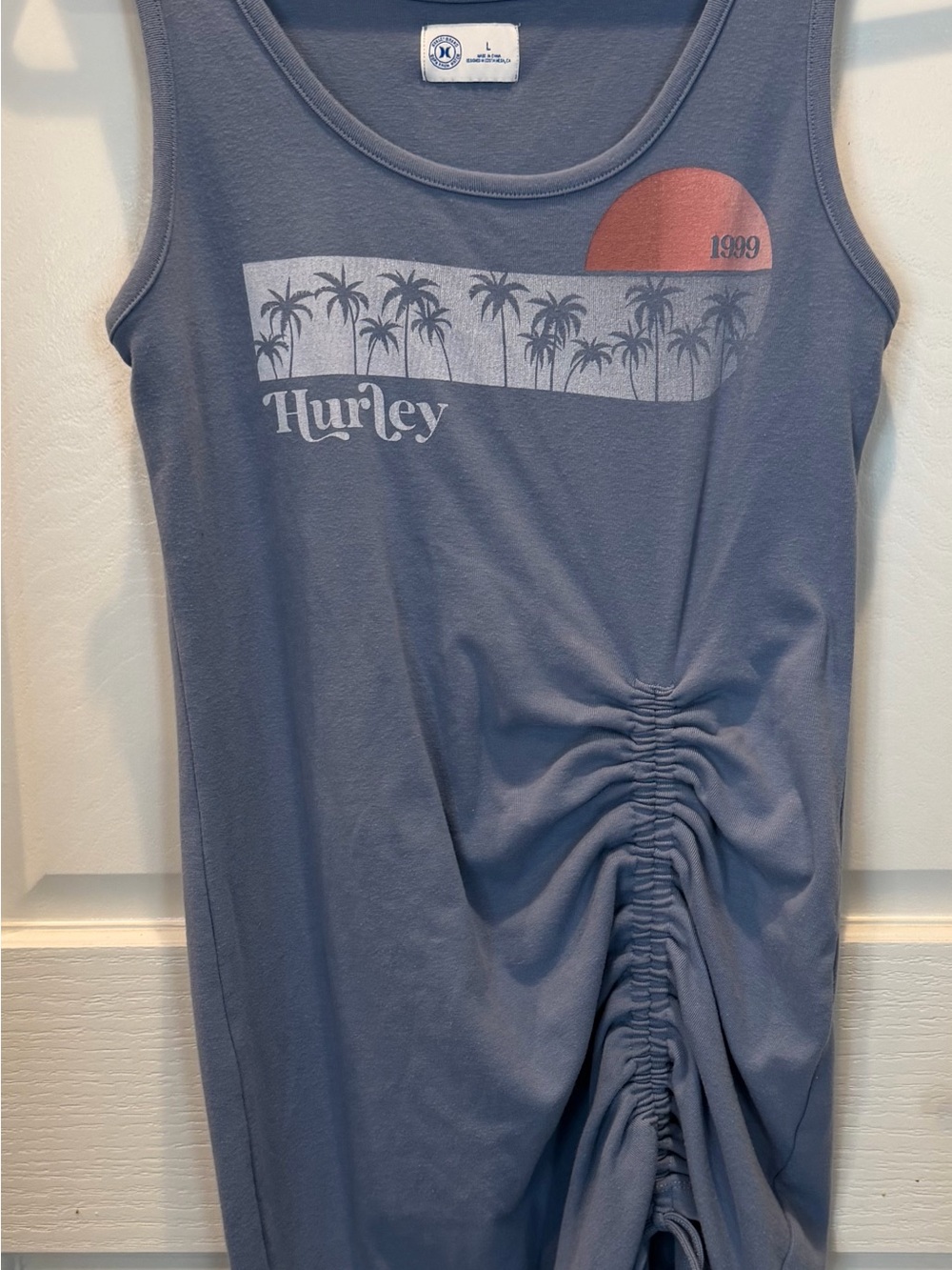 Hurley Soft, Blue Palm-Print Ruched Maxi Dress Beach Dress Bathing Suit Coverup